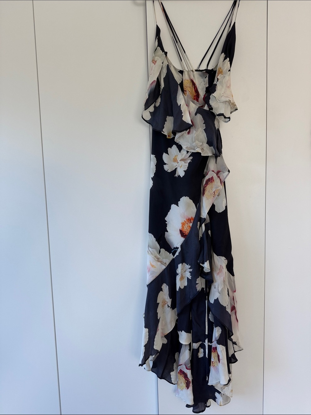 INTERMIX Black Floral Ruffle Slip Maxi Dress